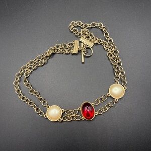 Faux Pearl & Red Cabachon Toggle Clasp Gold Chain Double Strand Necklace